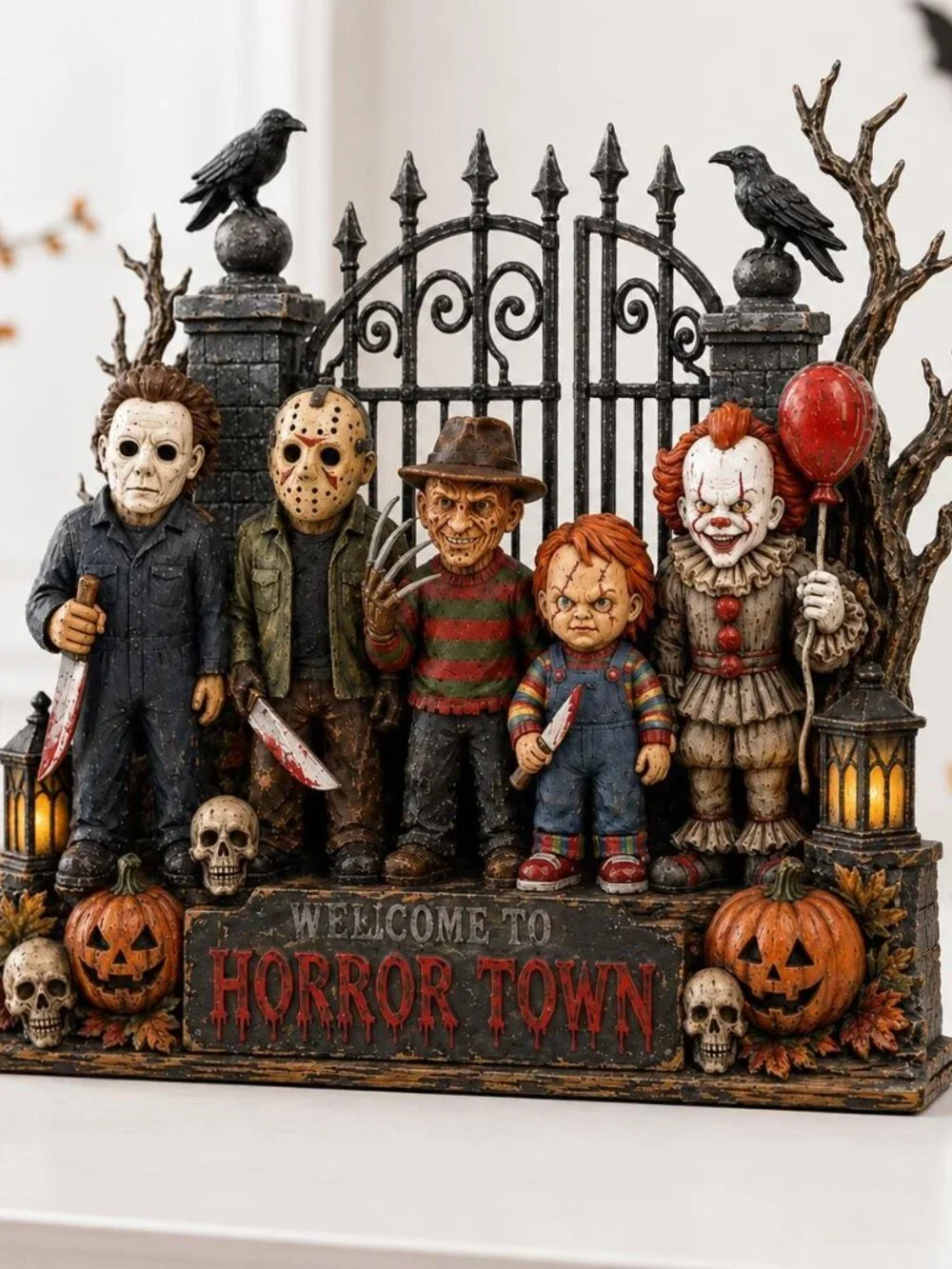 Wooden Halloween Horror Figurine, Creepy Masked Monsters, Gothic Tabletop Shelf